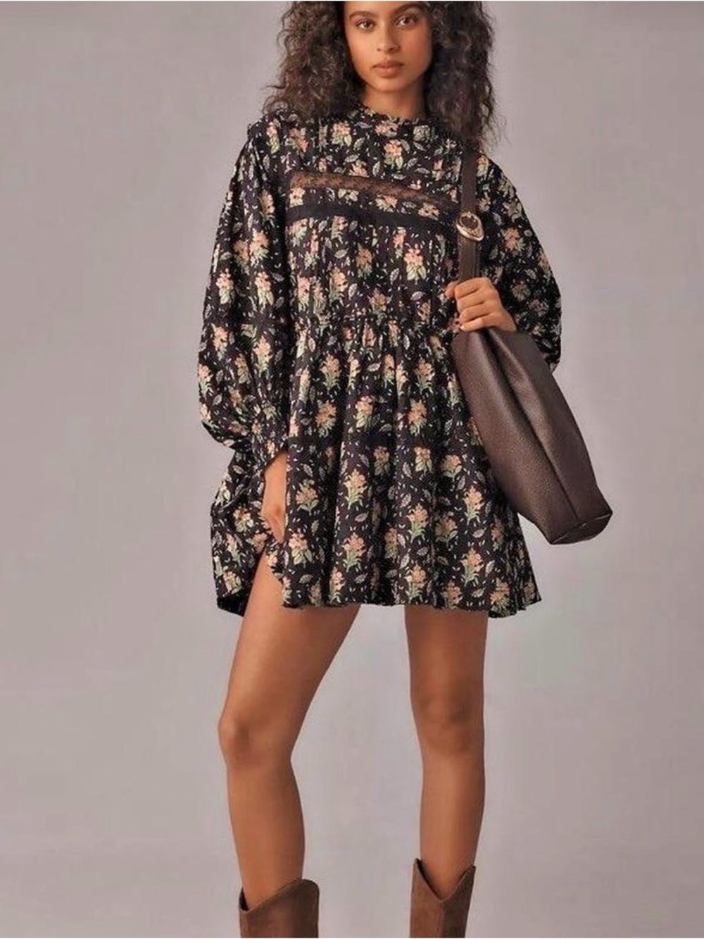 Pilcro by Anthropologie Floral Lace-Trim Black Mini Dress